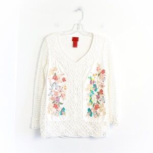 Cristina vintage embroidered knit top white floral bohemian boho L large Y2K